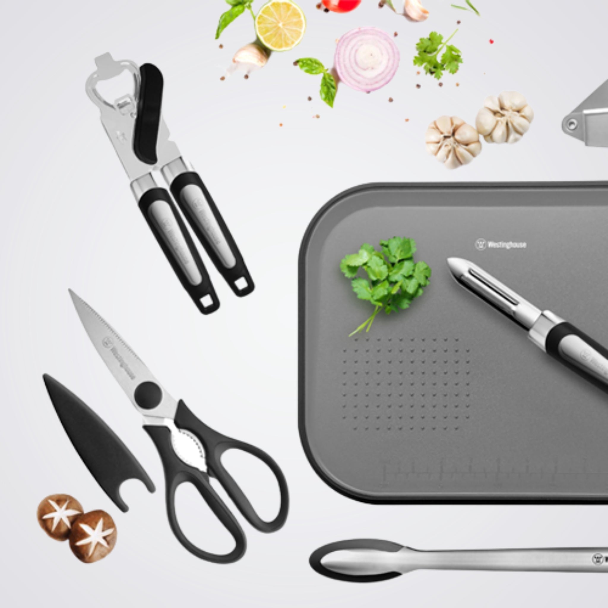 Scissors, Peeler, Can Opener, Garlic Crusher, Measuring Spoons & Cups, Tongs, Chopping Board, Black Grey and Stainless steel  