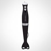 Black immersion blender with silver accents on a white background