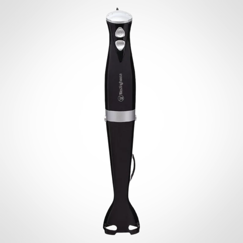 Black immersion blender with silver accents on a white background