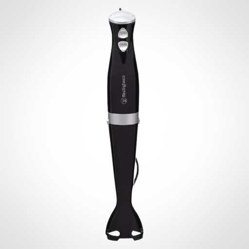 Black immersion blender with silver accents on a white background