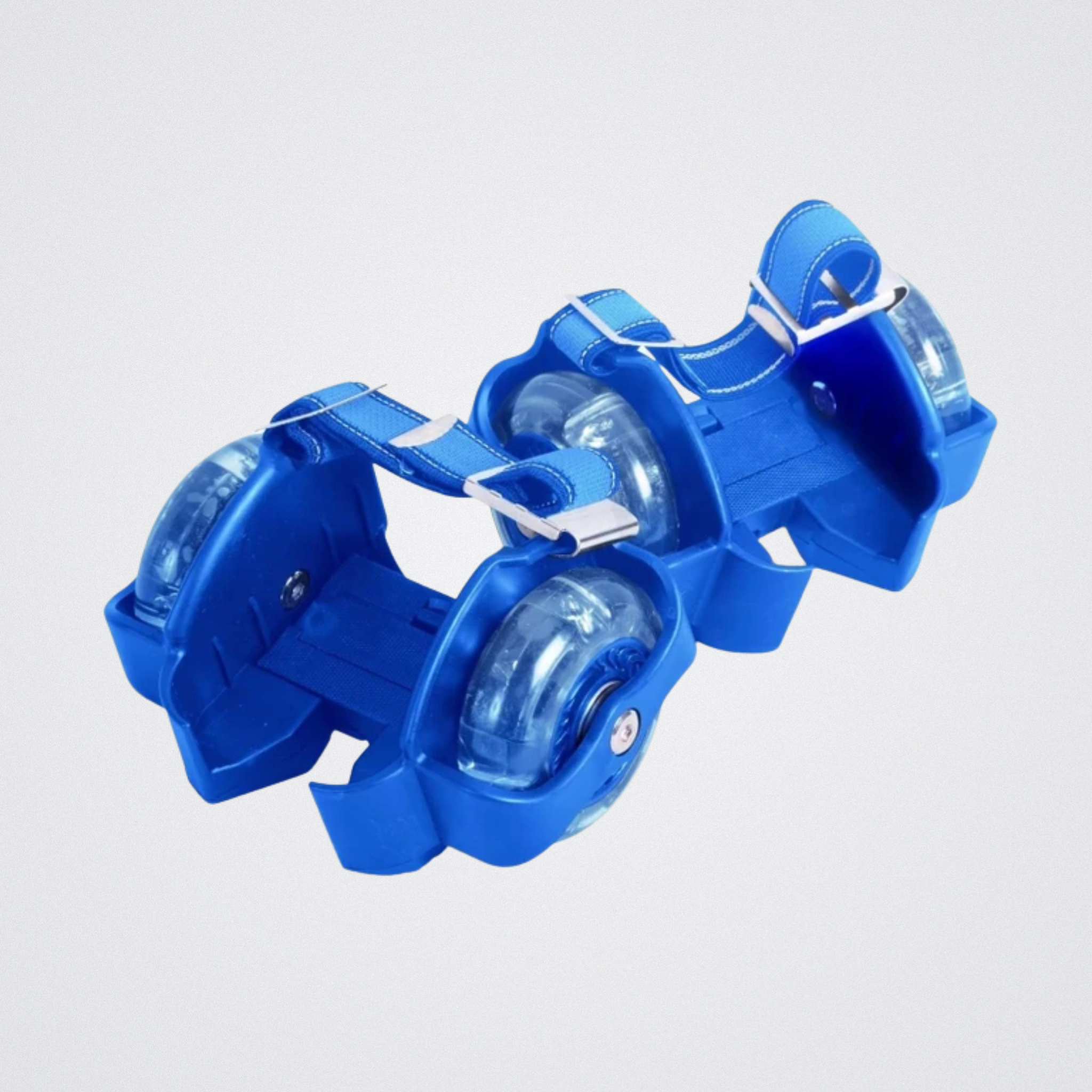 Blue roller blading shoes with clear wheels on a light gray background