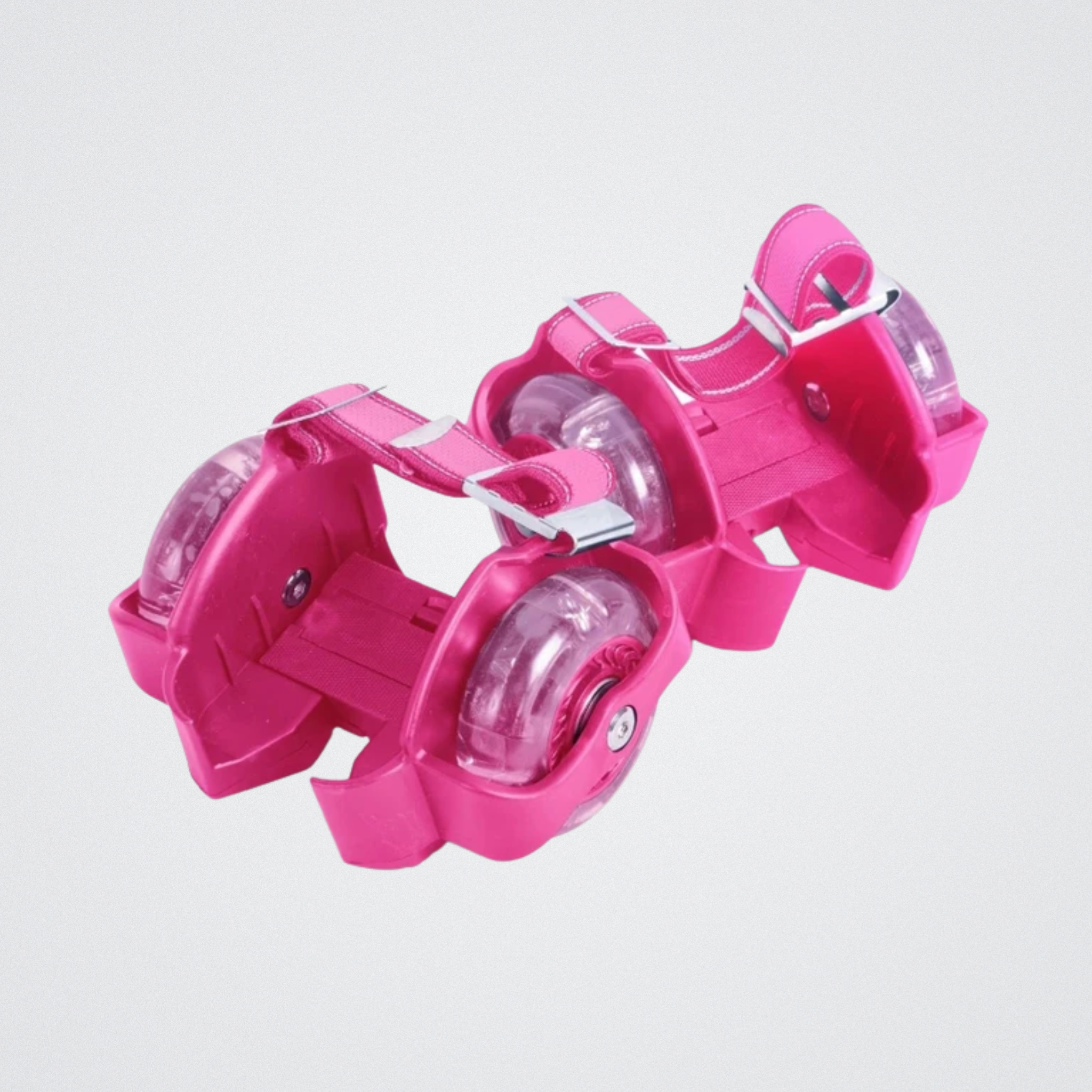 Pink roller blade with clear wheels on a light gray background
