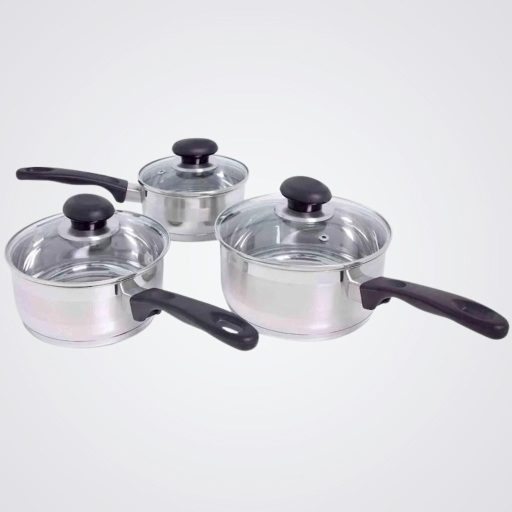 Set of three stainless steel Zip cookware pots with lids on a Light background