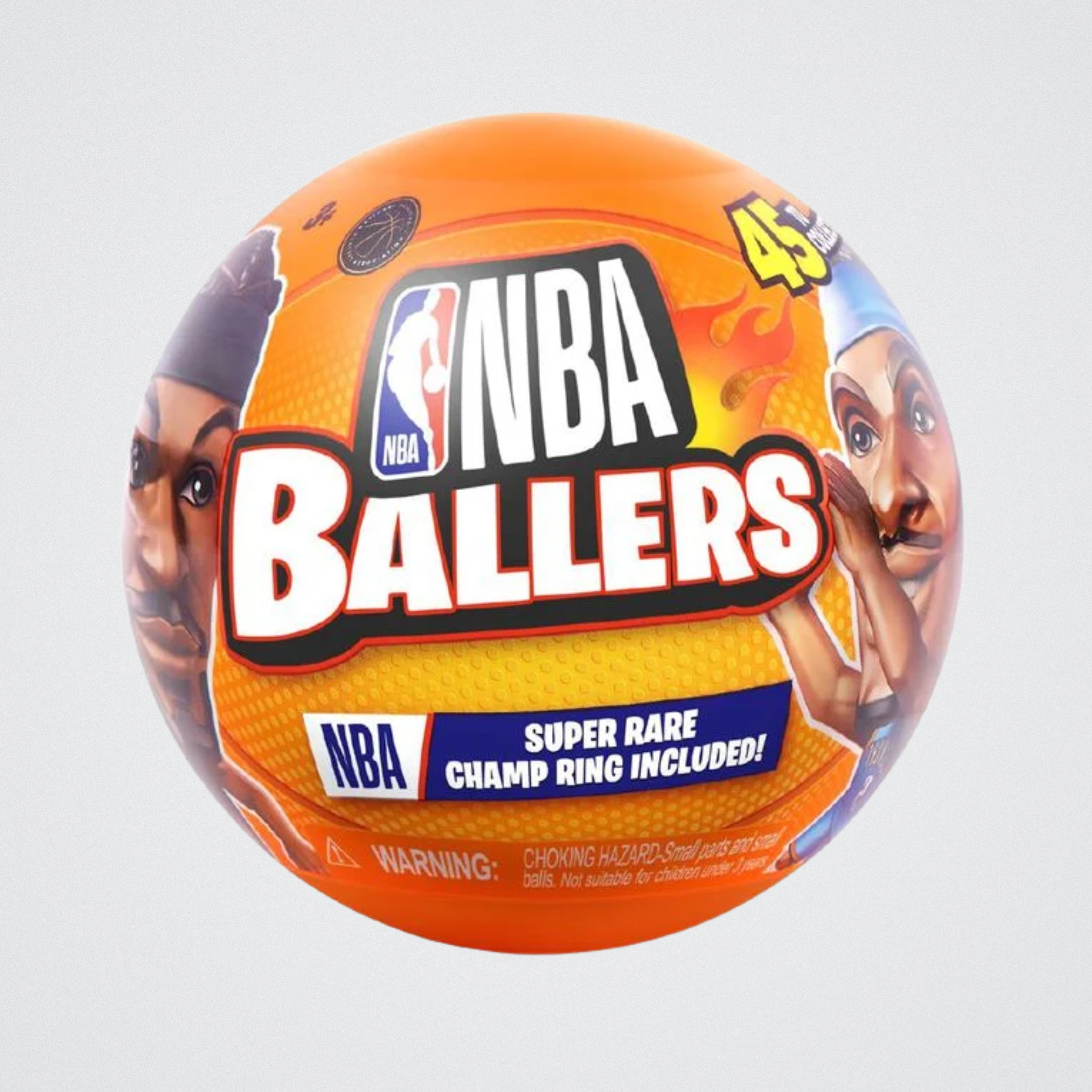 Basketball with NBA Ballers branding and a warning label on a gray background