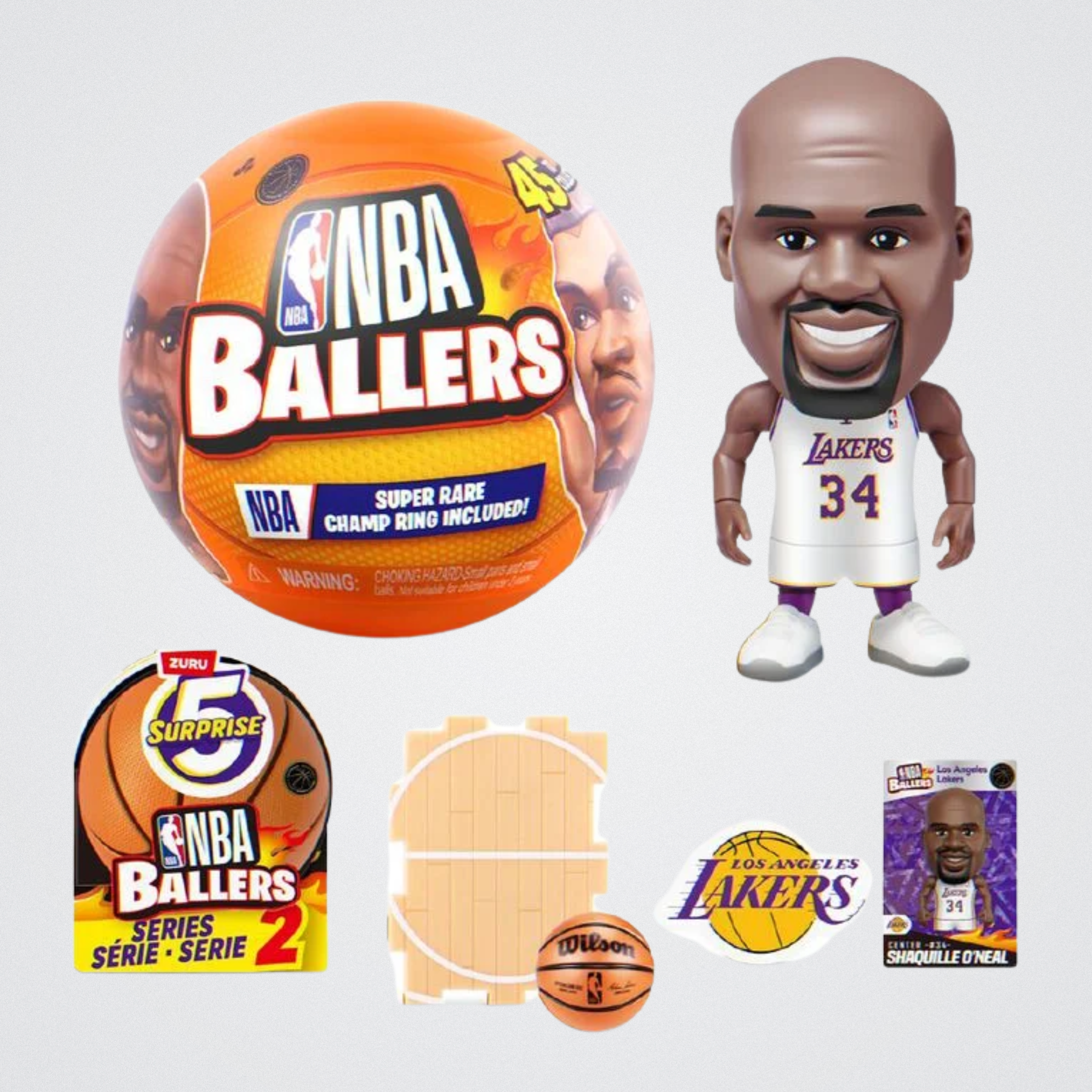 NBA Ballers toy set with basketball, packaging, and figure on a light gray background