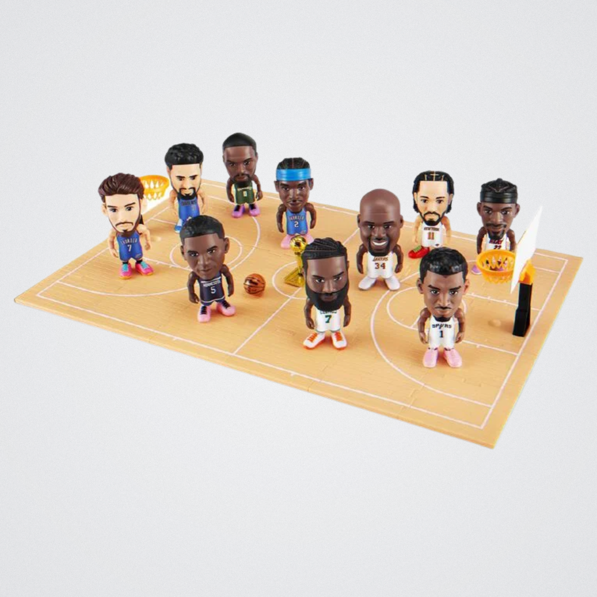 Basketball player figurines on a mini basketball court