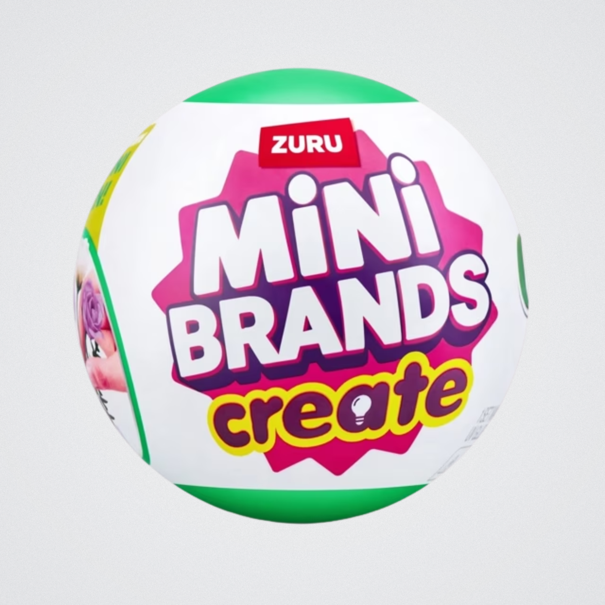 Round product packaging with 'Zuru Mini Brands Create' text on a white background