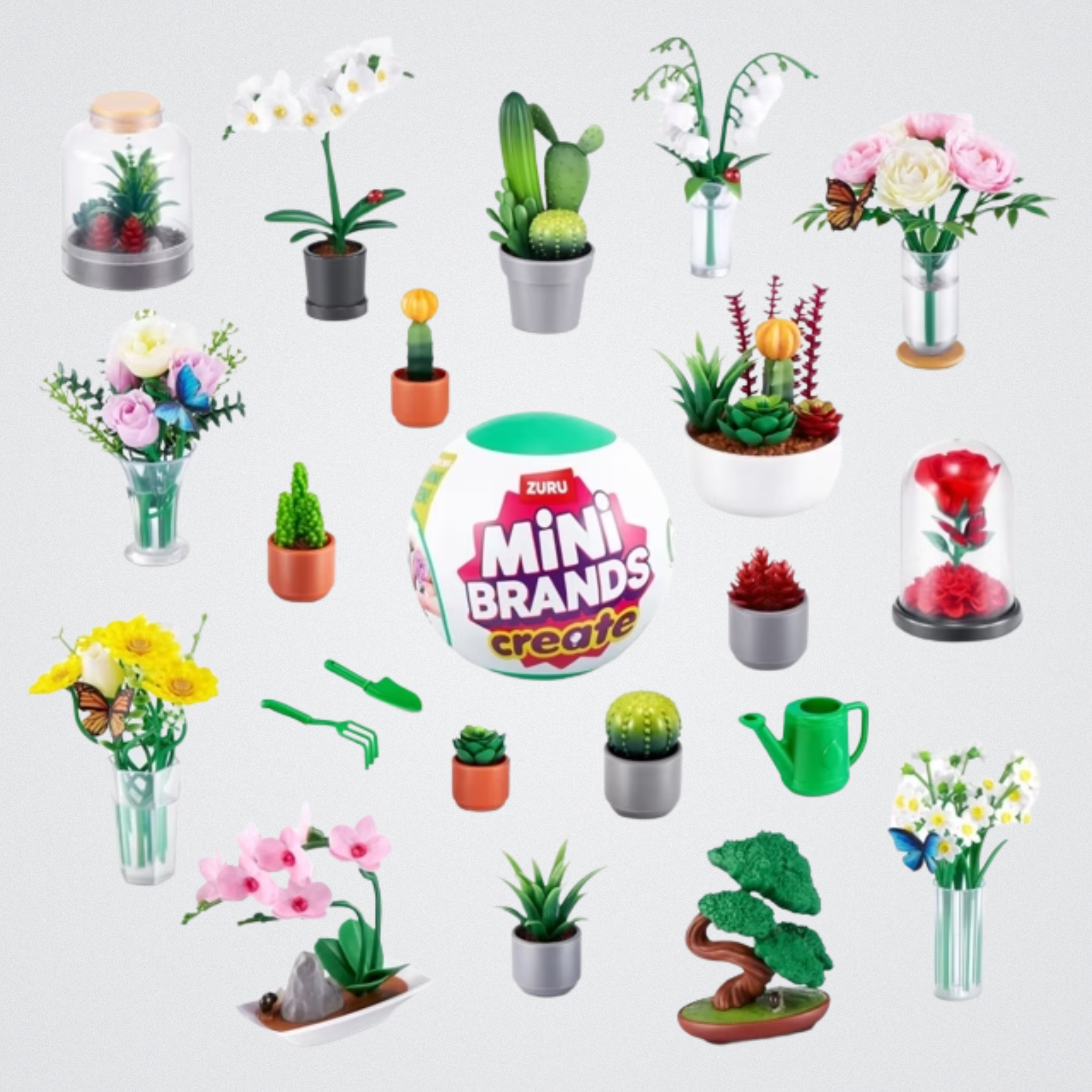 Collection of small plants and gardening items with 'Mini Brands' logo on a white background