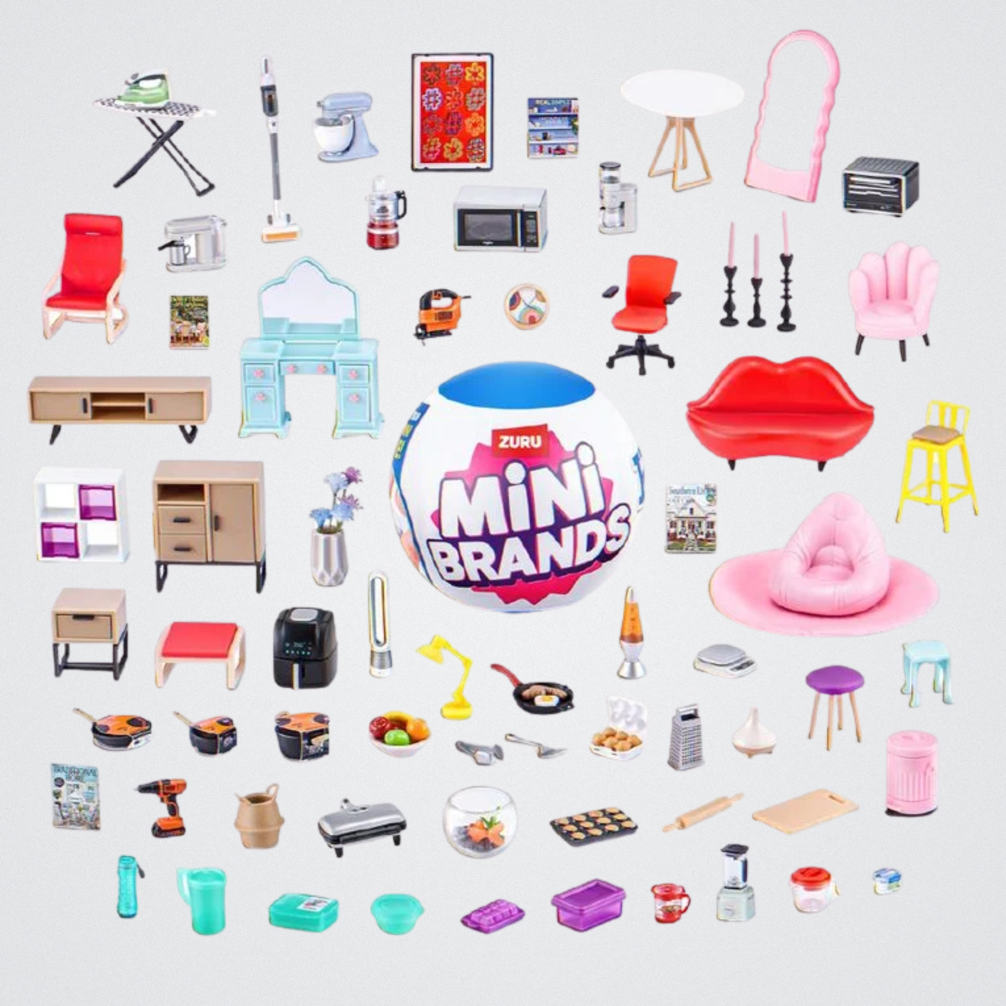 Collection of miniature furniture and items with Zuru Mini Brands logo on a white background