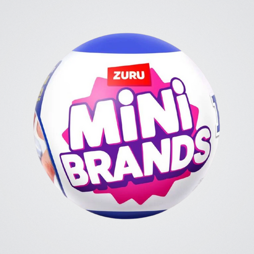 Zuru Mini Brands logo on a colorful ball against a light gray background